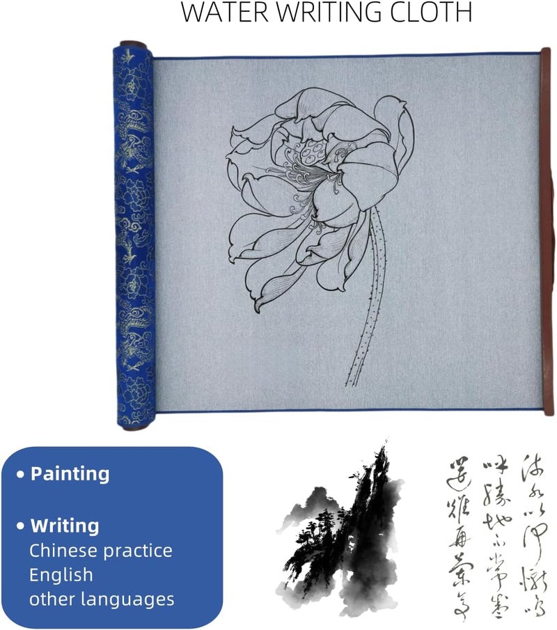Ellkee 5 Items Reusable Water Writing Cloth with 4 Brush Pens, Magic Water Writing Paper Set for Calligraphy/Writing/Paint, No ink need Practice Cloth for Beginners(Blue) - Image 2